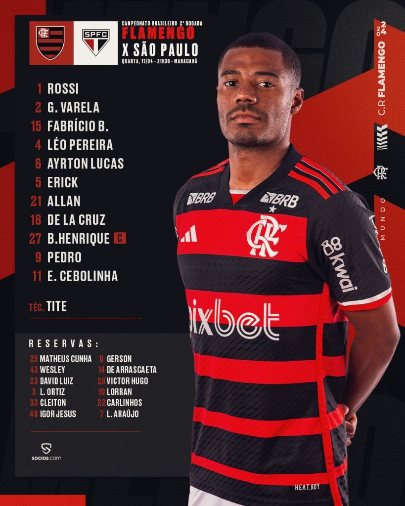 SAIU! Sem Arrascaeta, Flamengo divulga escalação para jogo contra o São Paulo, pelo Brasileirão