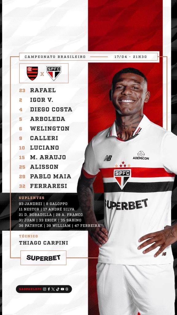 São Paulo define escalação para jogo contra o Flamengo, pelo Brasileirão