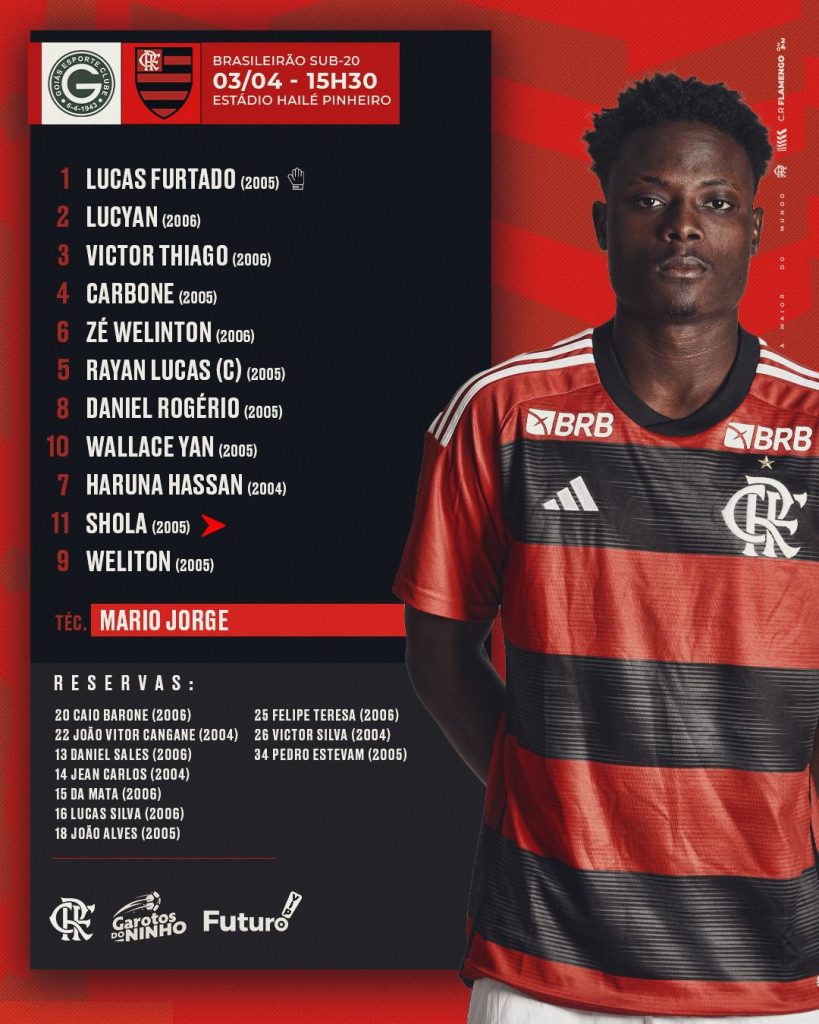 SAIU! Flamengo divulga escalação para jogo contra o Goiás, pela estreia do Brasileirão Sub-20