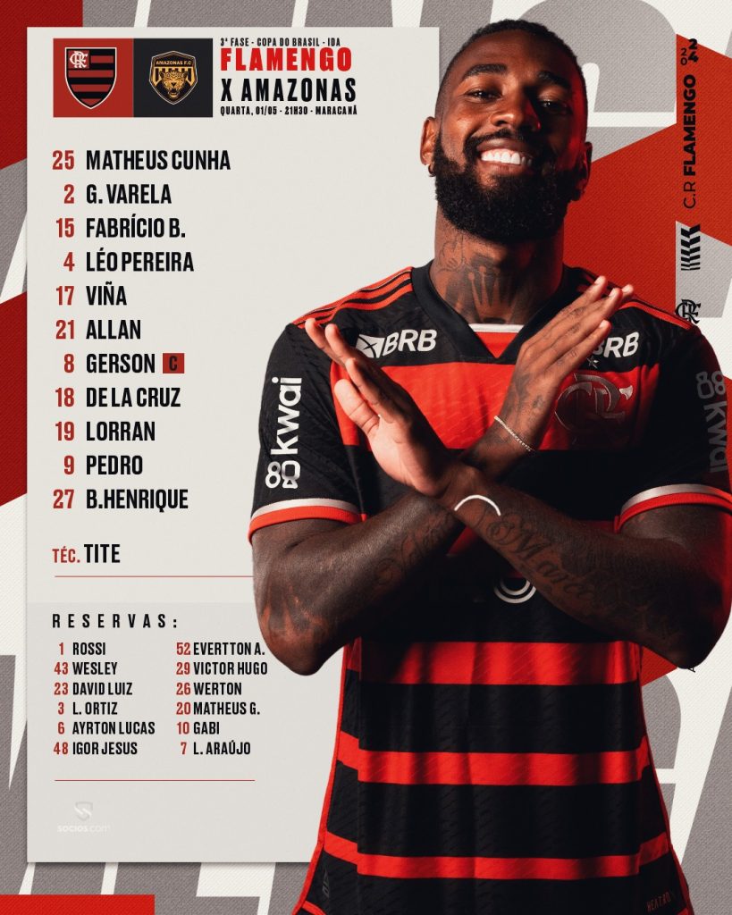 SAIU! Com Gabigol no banco, Flamengo divulga escalação para jogo contra o Amazonas, pela Copa do Brasil