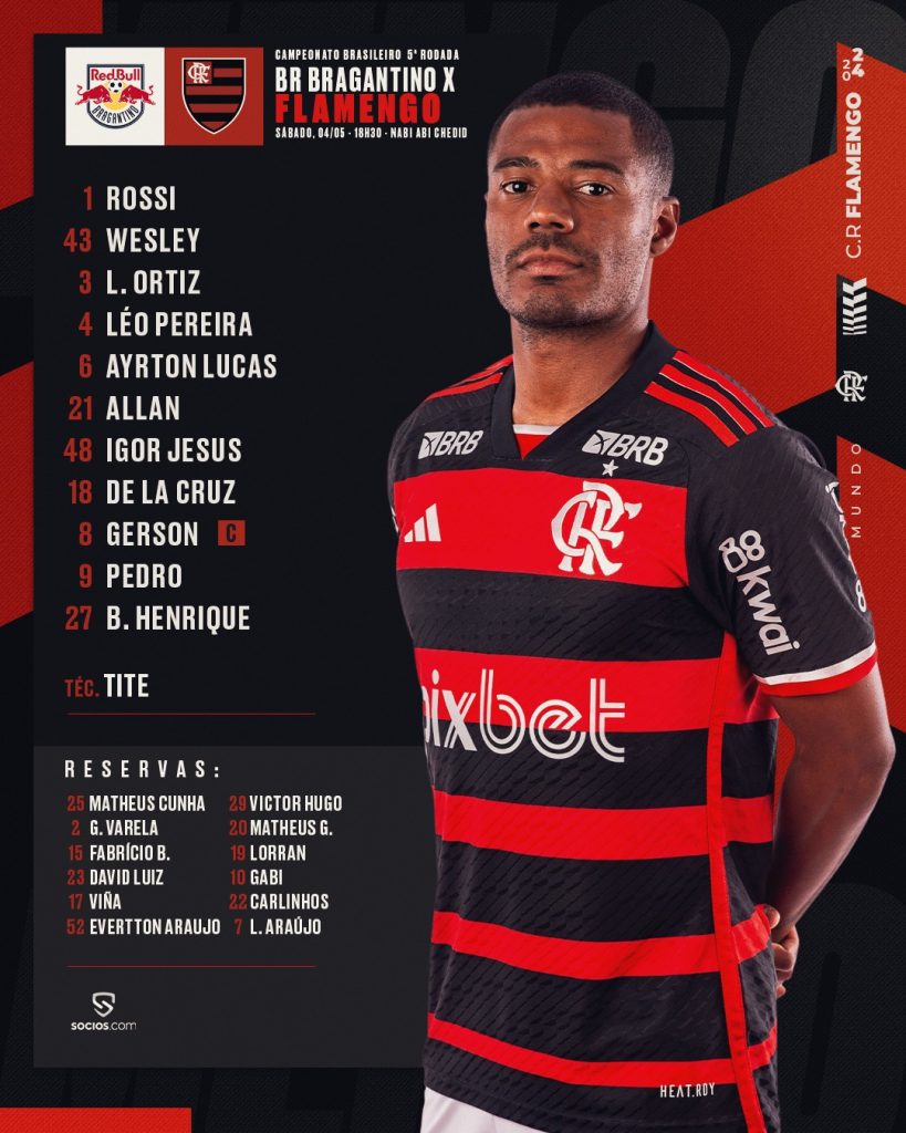 SAIU! Com Wesley, Flamengo divulga escalação para jogo contra o Bragantino, pelo Brasileirão