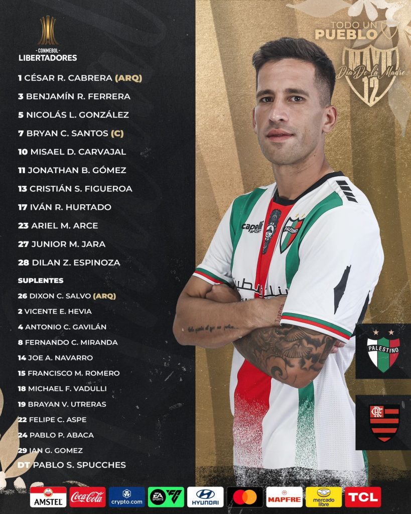 Palestino define escalação para jogo contra o Flamengo, pela Libertadores