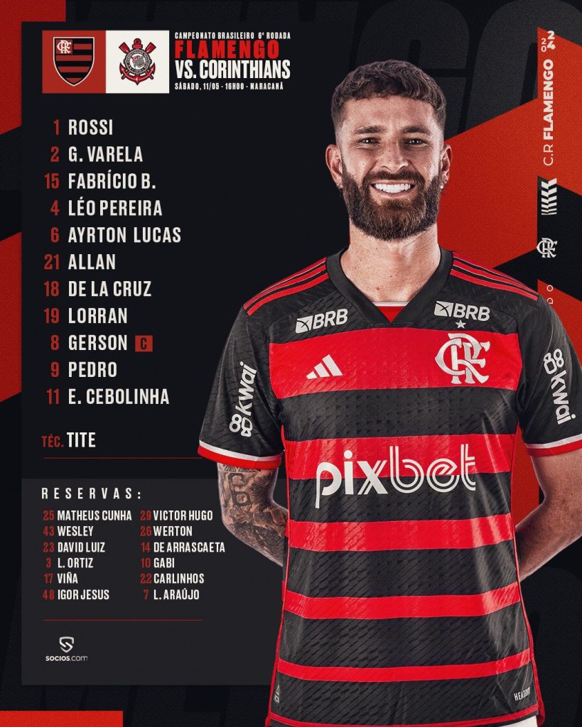 SAIU! Com Lorran, Flamengo divulga escalação para jogo contra o Corinthians, pelo Brasileirão