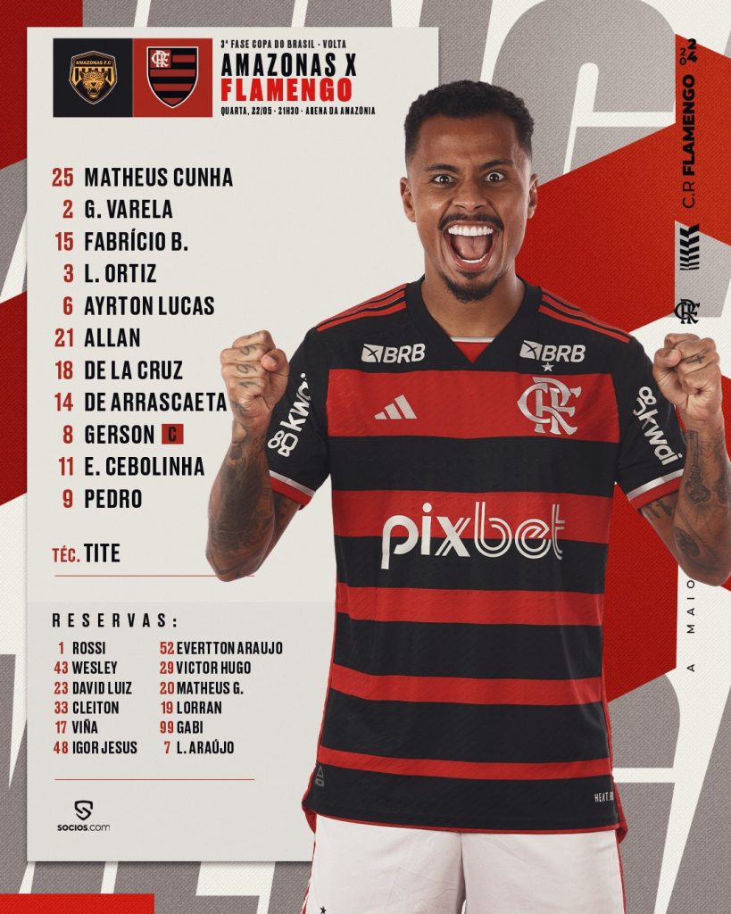 SAIU! Flamengo divulga escalação para jogo contra o Amazonas, pela Copa do Brasil