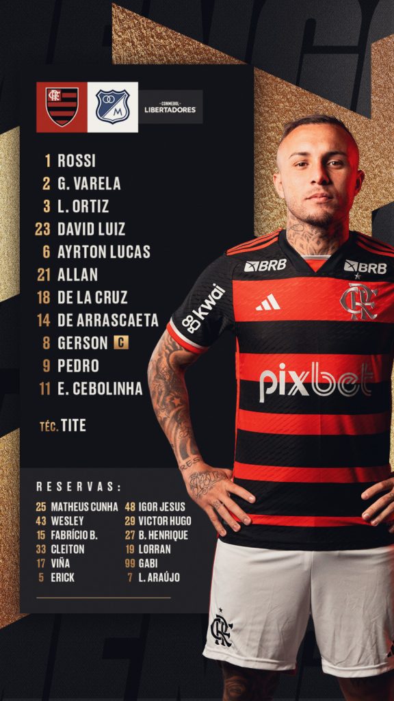 SAIU! Sem Fabrício Bruno e com David Luiz, Flamengo divulga escalação para jogo contra o Millonarios, pela Libertadores