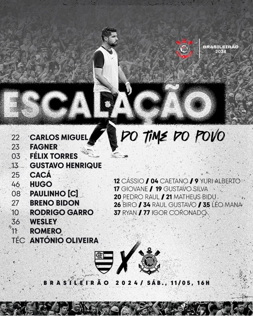 Corinthians define escalação para jogo contra o Flamengo, pelo Brasileirão