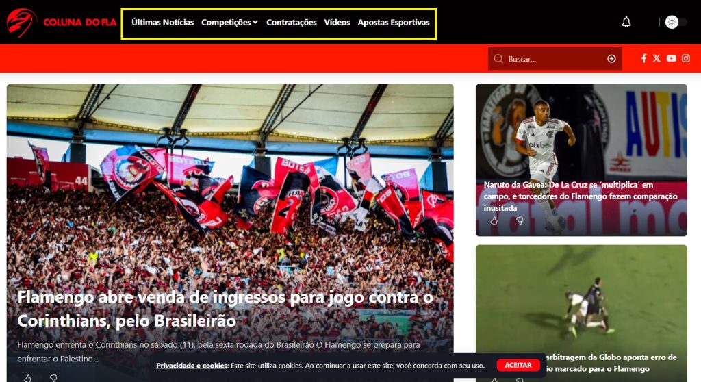 Print da homepage do Coluna do Fla