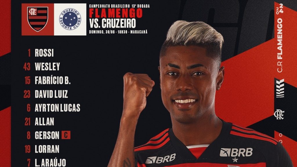 SAIU! Com Bruno Henrique, Flamengo divulga escalação para jogo contra o Cruzeiro, pelo Brasileirão