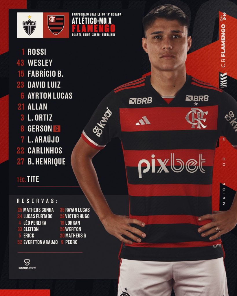 SAIU! Com Carlinhos e sem Pedro, Flamengo divulga escalação para jogo de hoje contra o Atlético-MG