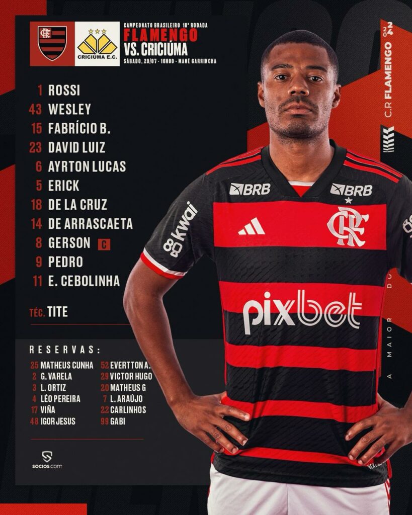 SAIU! Com Arrascaeta e De La Cruz, Flamengo divulga escalação para jogo contra o Criciúma, pelo Brasileirão