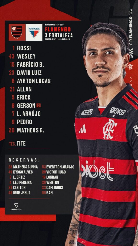 SAIU! Com Matheus Gonçalves, Flamengo divulga escalação para jogo contra o Fortaleza, pelo Brasileirão