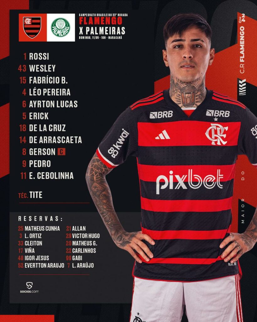 SAIU! Com De La Cruz, Flamengo divulga escalação para jogo contra o Palmeiras, pelo Brasileirão