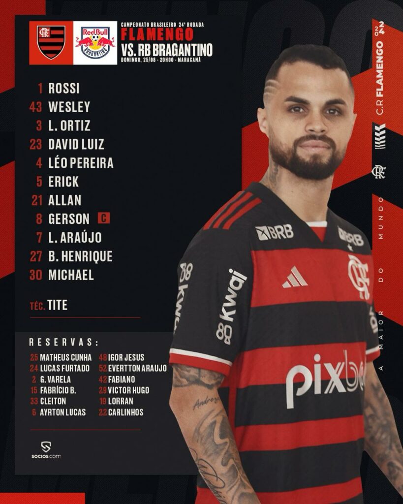 SAIU! Flamengo divulga escalação para jogo contra o Bragantino, pelo Brasileirão