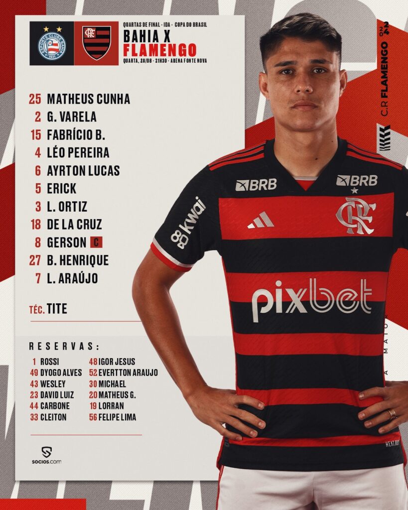 SAIU! Com Léo Ortiz e sem Michael, Flamengo divulga escalação para jogo contra o Bahia, pela Copa do Brasil