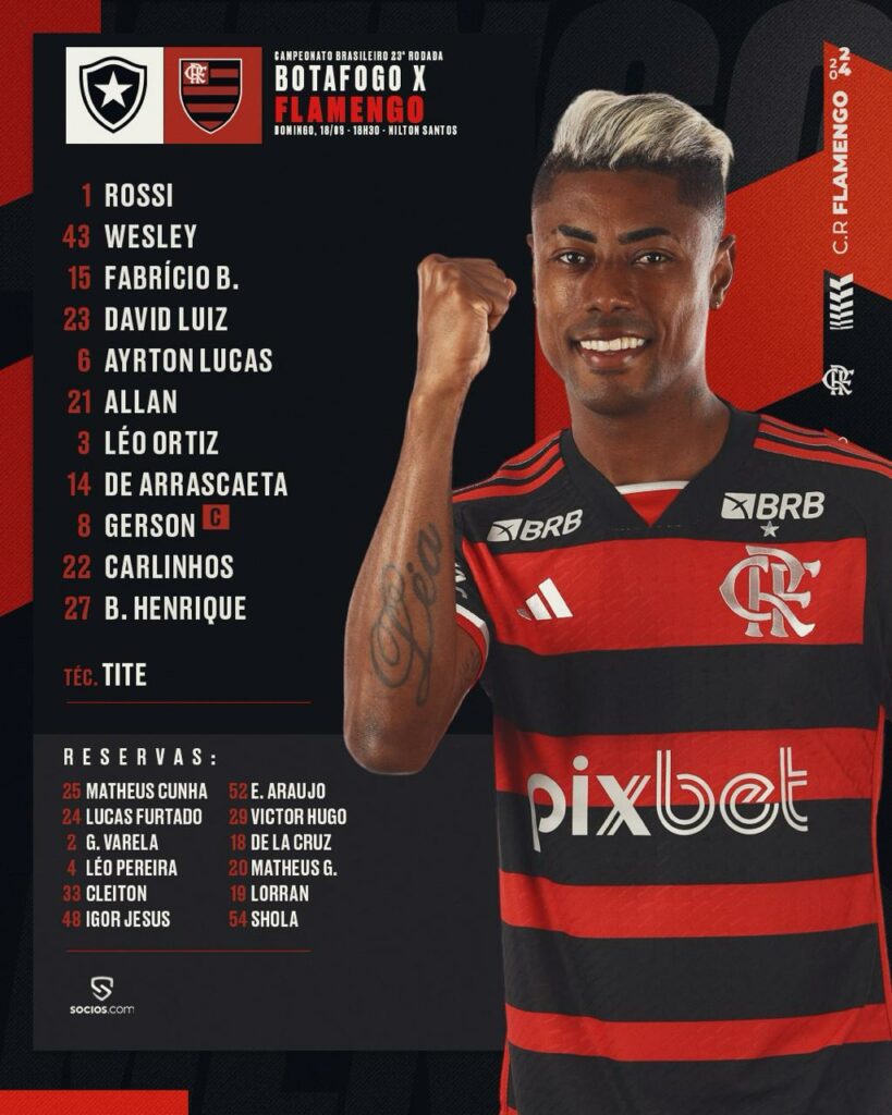 SAIU! Com Carlinhos e Bruno Henrique, Flamengo divulga escalação para jogo contra o Botafogo, pelo Brasileirão