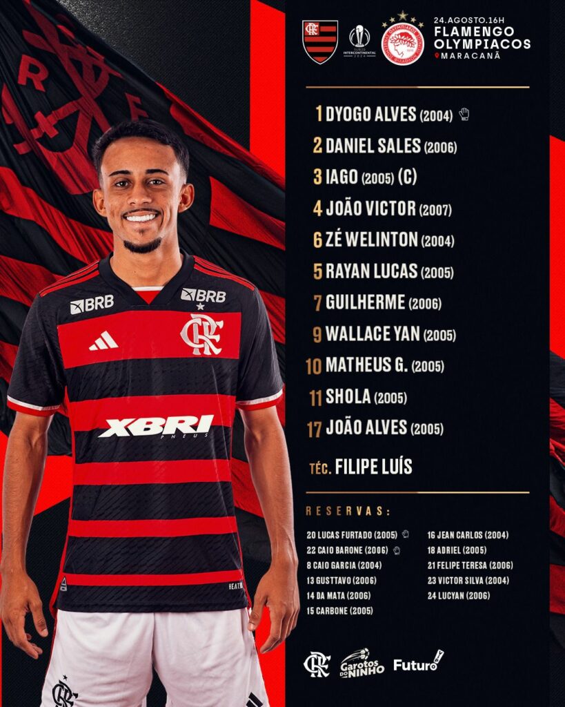 SAIU! Flamengo divulga escalação para jogo contra o Olympiacos, pelo Mundial Sub-20