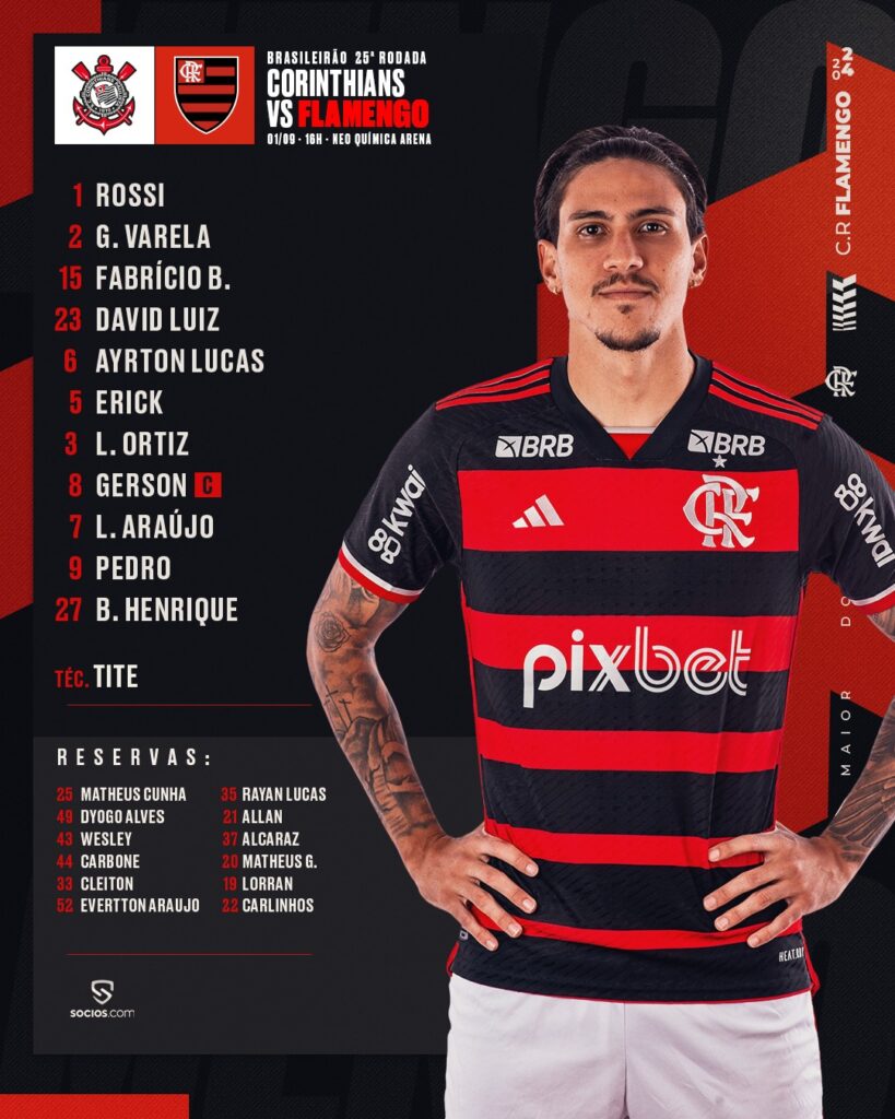 SAIU! Com Pedro, Flamengo divulga escalação para jogo contra o Corinthians, pelo Brasileirão