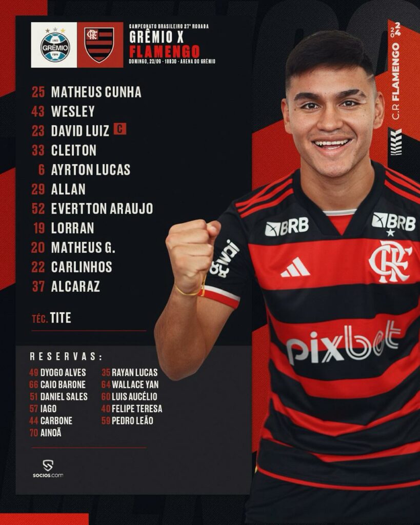 SAIU! Com Lorran e Alcaraz, Flamengo divulga escalação para jogo contra o Grêmio, pelo Brasileirão