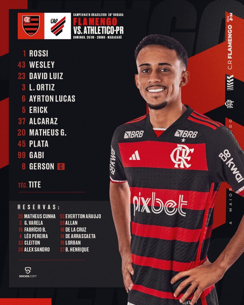 SAIU! Com Gabigol, Flamengo divulga escalação para jogo contra o Athletico-PR, pelo Brasileirão