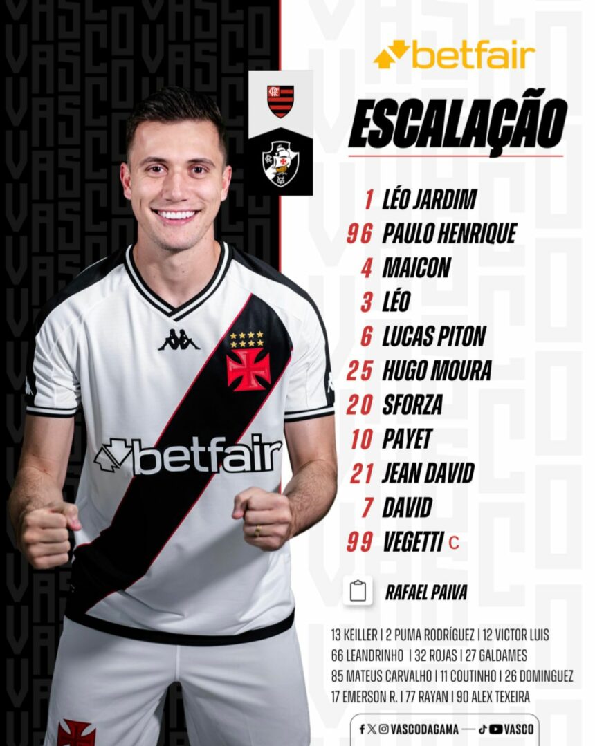 Vasco divulga escalação para jogo contra o Flamengo, pelo Brasileirão