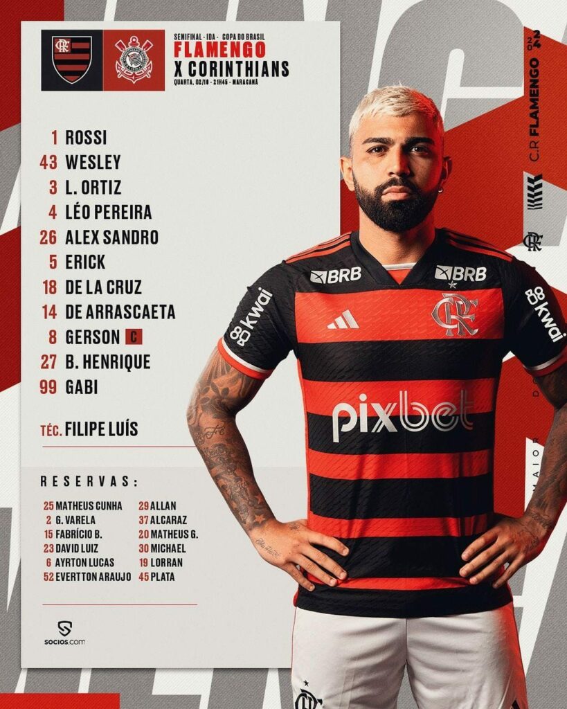 SAIU! Com Gabigol, Flamengo divulga escalação para jogo contra o Corinthians, pela Copa do Brasil