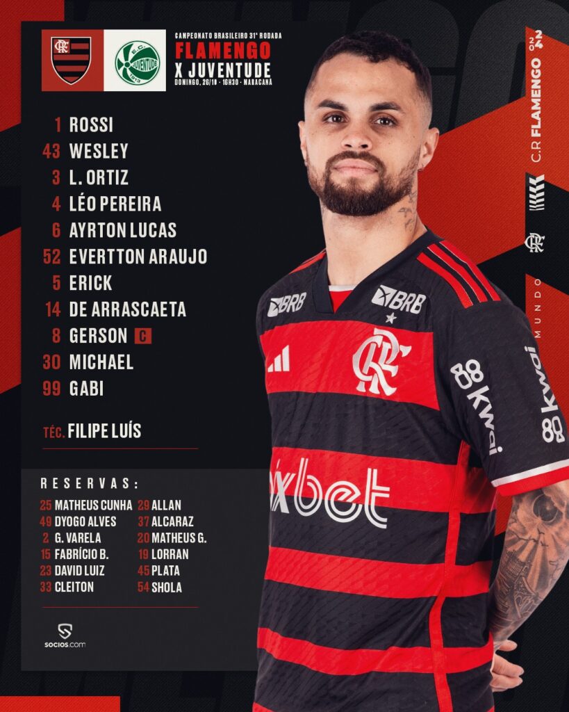 SAIU! Com Michael, Flamengo divulga escalação para jogo contra o Juventude, pelo Brasileirão