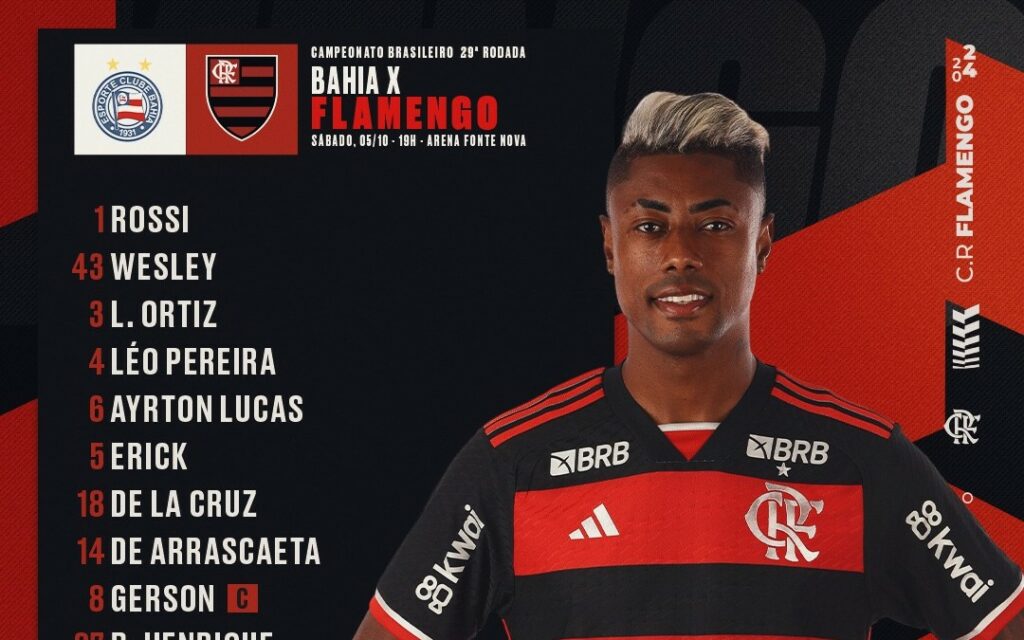 SAIU! Com Gabigol, Flamengo divulga escalação para jogo contra o Bahia, pelo Brasileirão