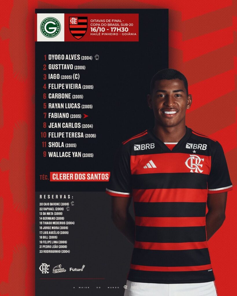 Com Shola, veja escalação do Flamengo para jogo contra o Goiás, pela Copa do Brasil Sub-20