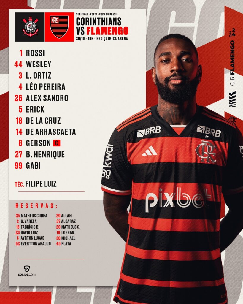 SAIU! Com Gerson, Flamengo divulga escalação para jogo contra o Corinthians, pela Copa do Brasil