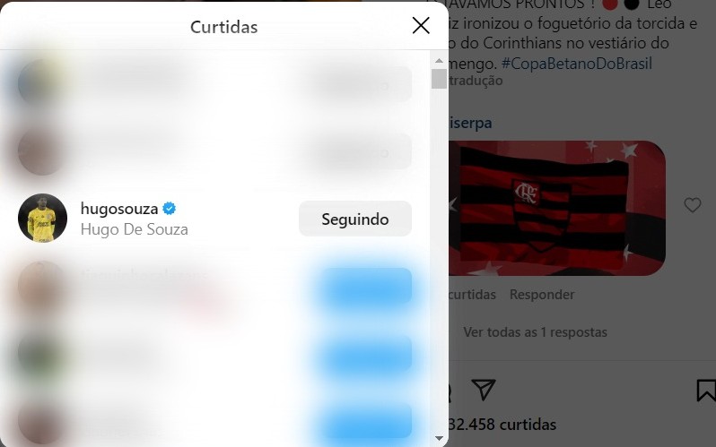 Hugo Souza ‘curte’ vídeo de Leo Ortiz cutucando o Corinthians após vitória do Flamengo na Copa do Brasil