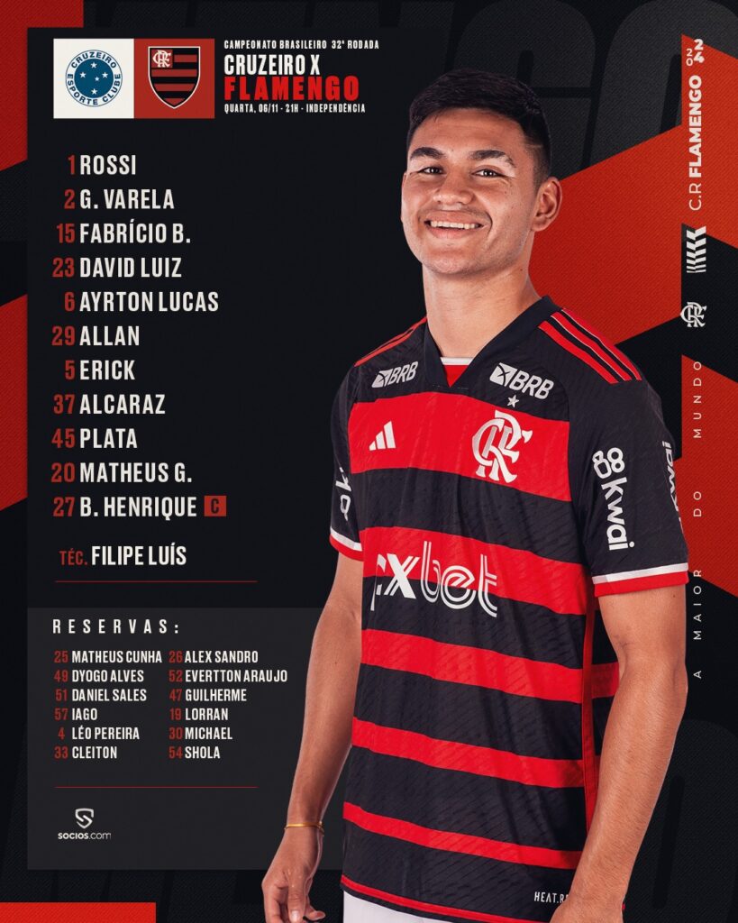 SAIU! Com Bruno Henrique, Flamengo divulga escalação para jogo contra o Cruzeiro, pelo Brasileirão