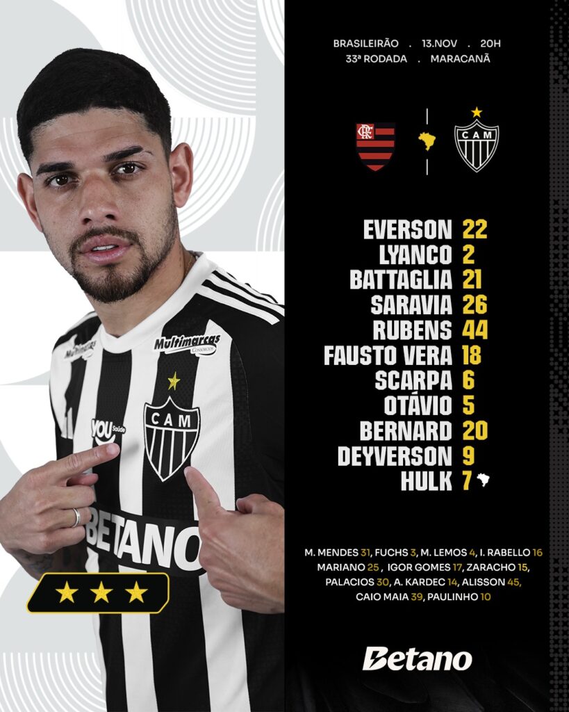 Veja escalação do Atlético-MG para jogo contra o Flamengo, pelo Brasileirão