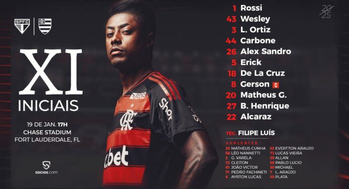 SAIU! Com Carbone e Alcaraz, Flamengo divulga escalação para jogo contra o São Paulo, nos Estados Unidos