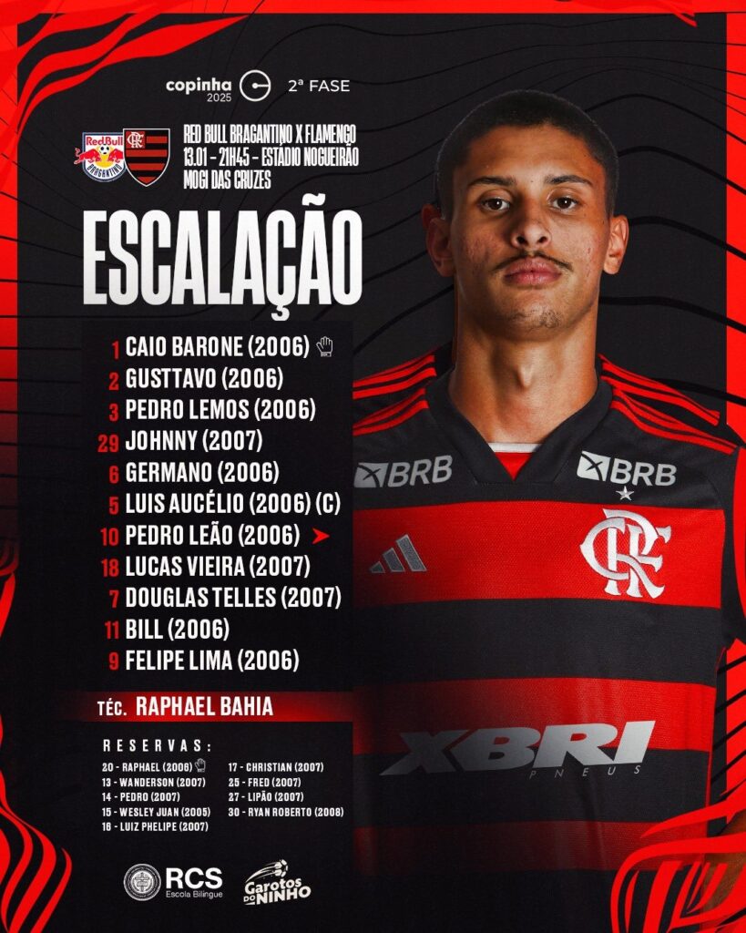 SAIU! Flamengo divulga escalação para jogo contra Bragantino, pela Copinha