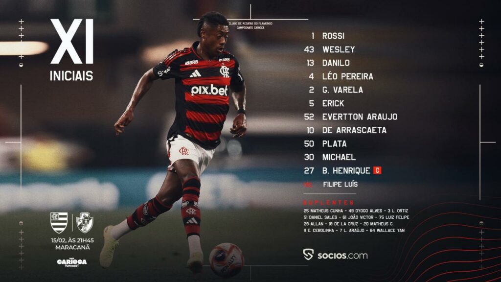 SAIU! Com Arrascaeta, Flamengo divulga escalação para jogo contra o Vasco, pelo Carioca