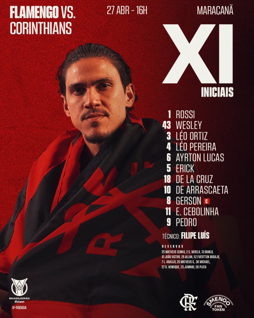 SAIU! Com Pedro titular, Flamengo divulga escalação para jogo contra o Corinthians, pelo Brasileirão
