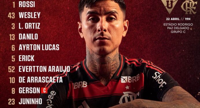 SAIU! Com Juninho, Flamengo divulga escalação para jogo contra a LDU, pela Libertadores