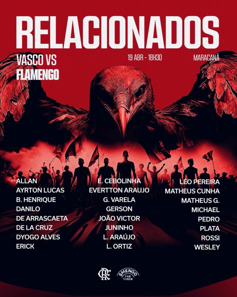 Flamengo divulga lista de relacionados para jogo contra o Vasco, pelo Brasileirão