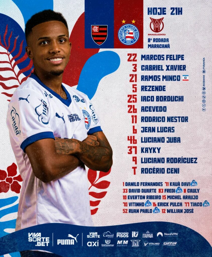 Sem Everton Ribeiro, Bahia define escalação para jogo contra o Flamengo, pelo Brasileirão