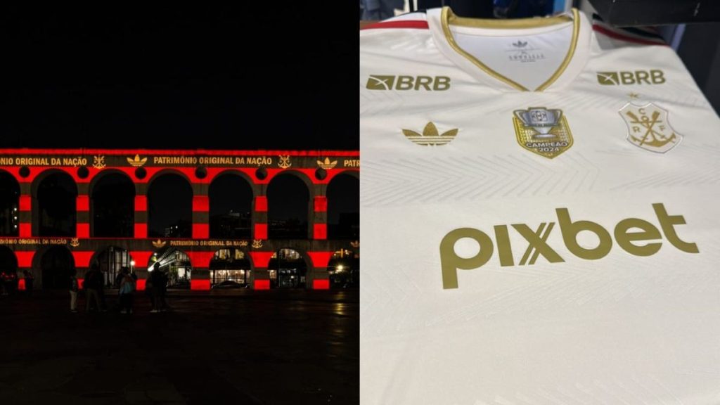 Flamengo ‘pinta’ Arcos da Lapa de vermelho e preto em ação de lançamento da camisa 3