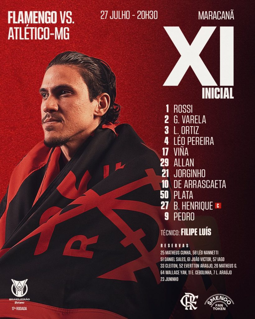 SAIU! Com Pedro e Viña, Flamengo divulga escalação para jogo contra o Atlético-MG, pelo Brasileirão