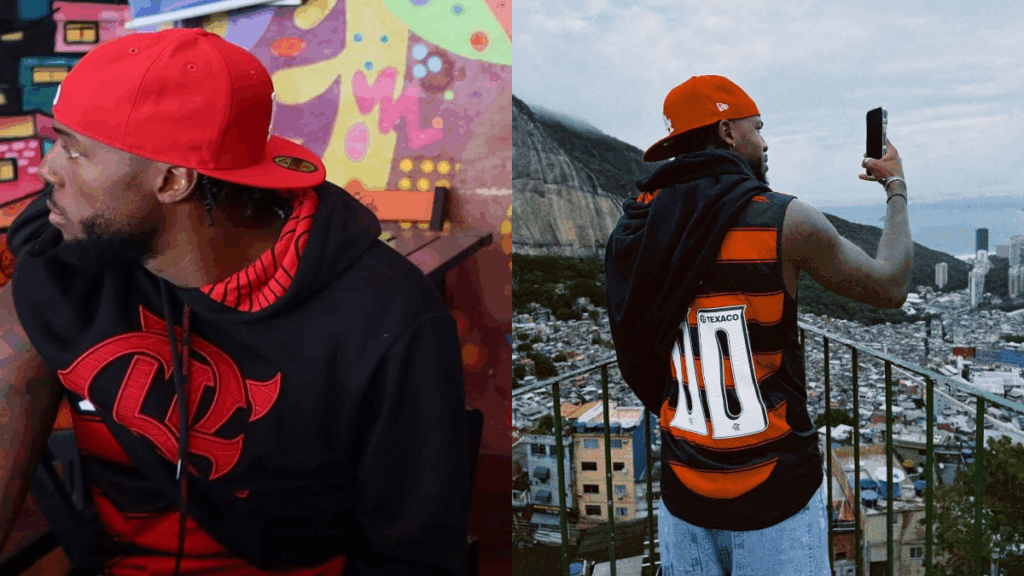 Jogador português ‘invade’ favela do Rio vestindo camisa do Flamengo