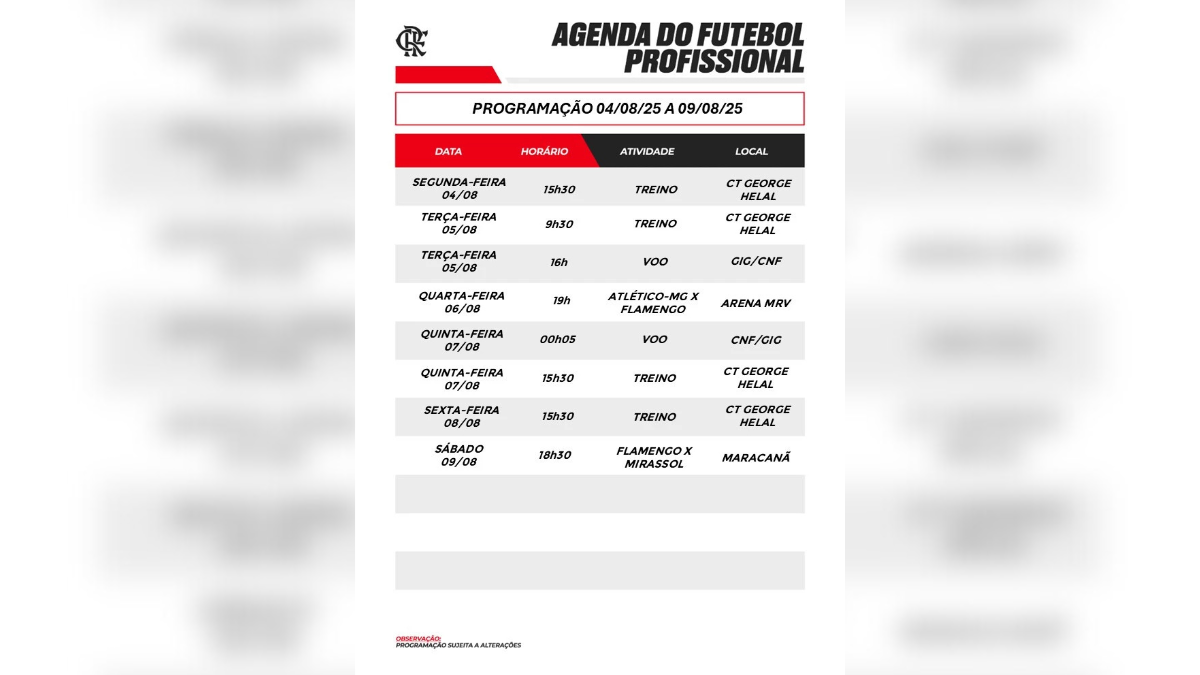 Imagem com agenda profissional do Flamengo