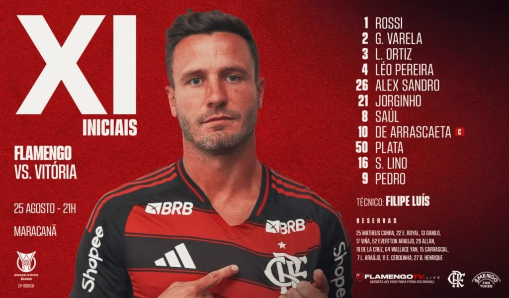 SAIU! Com Pedro, Flamengo divulga escalação para jogo contra o Vitória, pelo Brasileirão