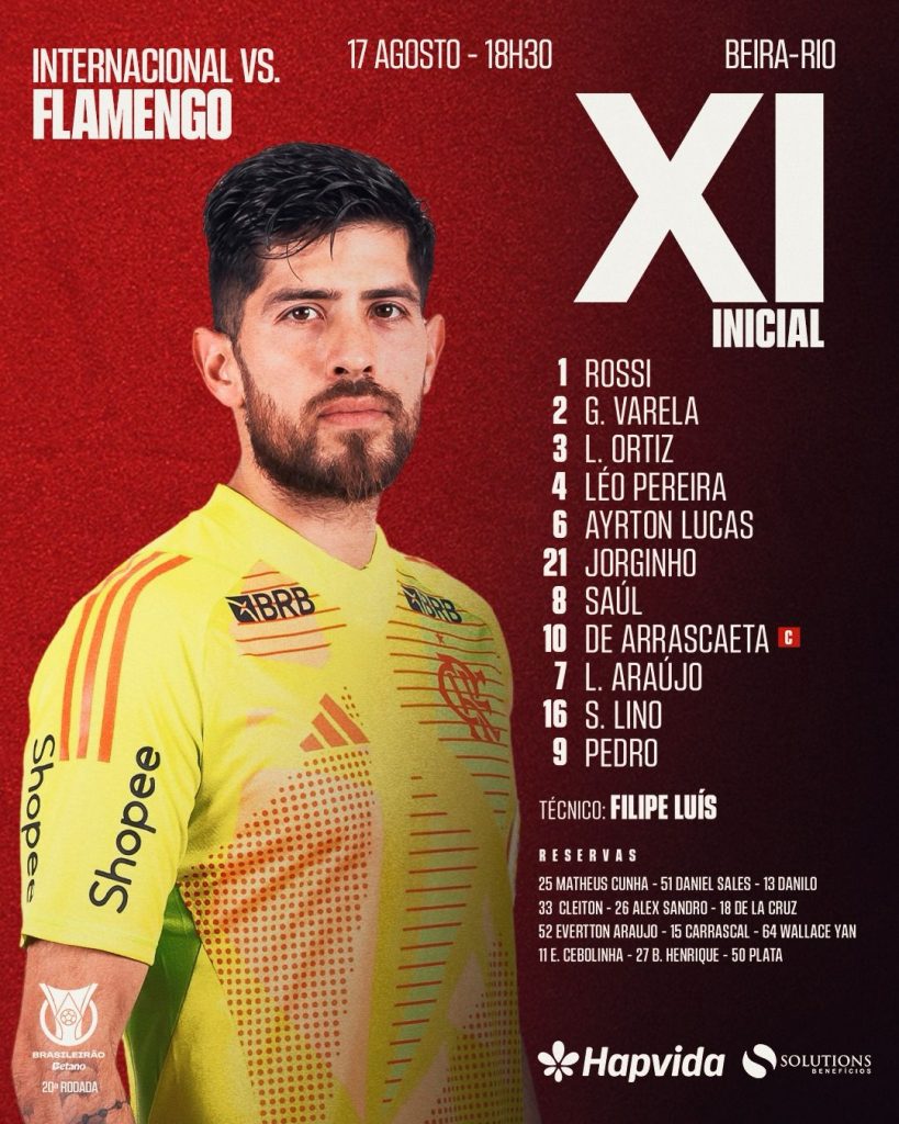SAIU! Com Pedro titular, Flamengo divulga escalação para jogo contra o Internacional, pelo Brasileirão