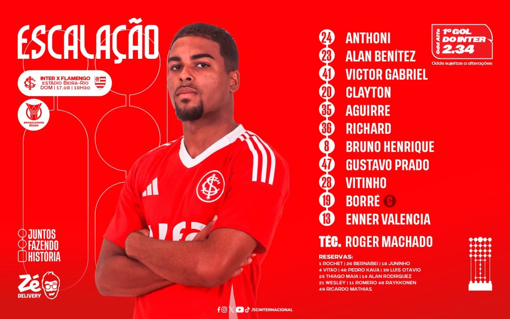 Veja escalação do Internacional para jogo contra o Flamengo hoje, pelo Brasileirão