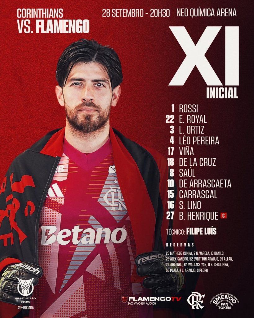 SAIU! Com time misto, Flamengo divulga escalação para jogo contra o Corinthians, pelo Brasileirão