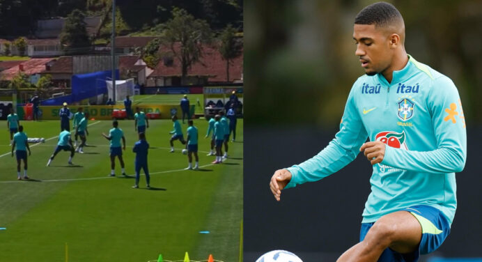 Samuel Lino ‘trava’ em treino da Seleção Brasileira e arranca risadas dos companheiros; veja vídeo