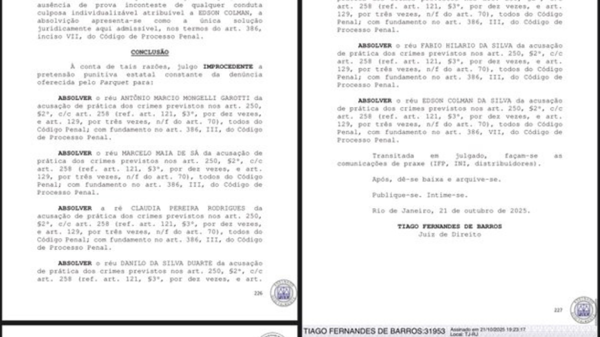 imagem colorida de documento que absolve acusados por incêndio culposo
