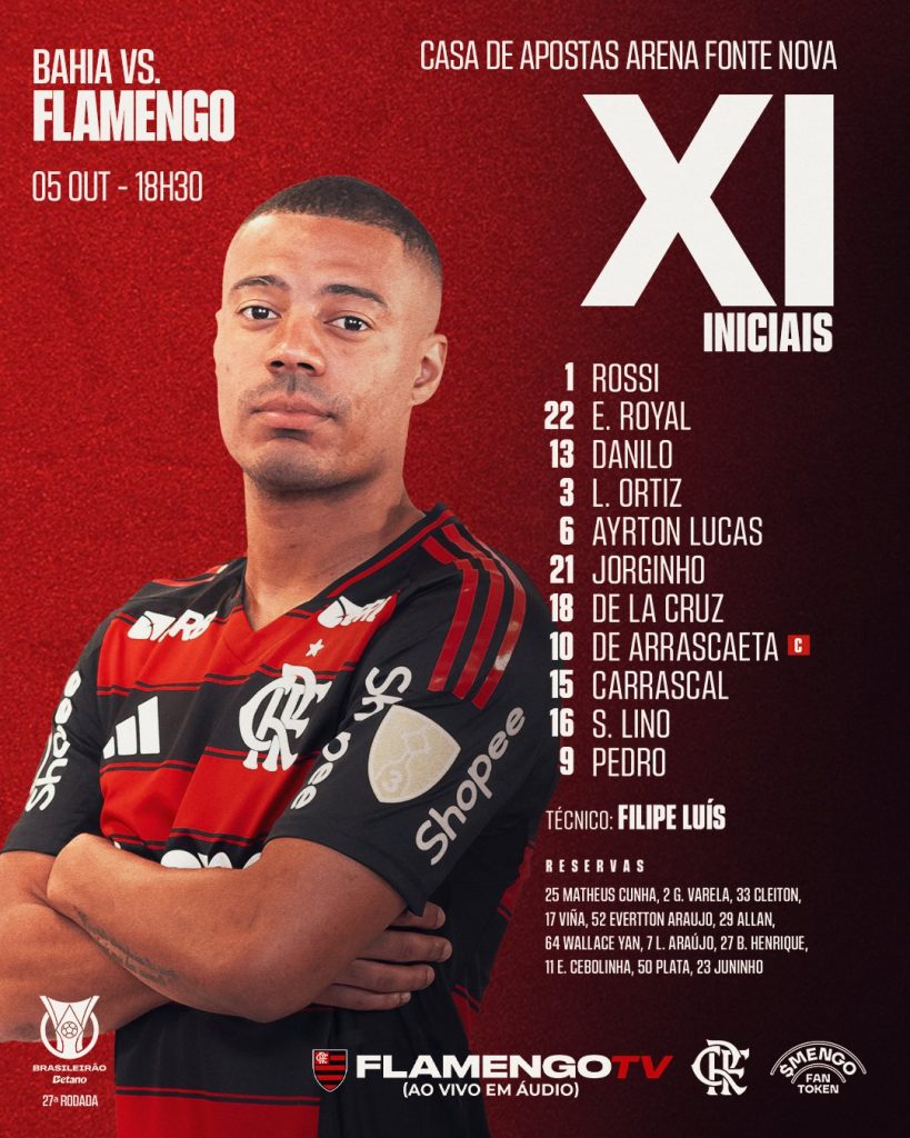 SAIU! Com mudança na zaga, Flamengo divulga escalação para jogo contra o Bahia, pelo Brasileirão